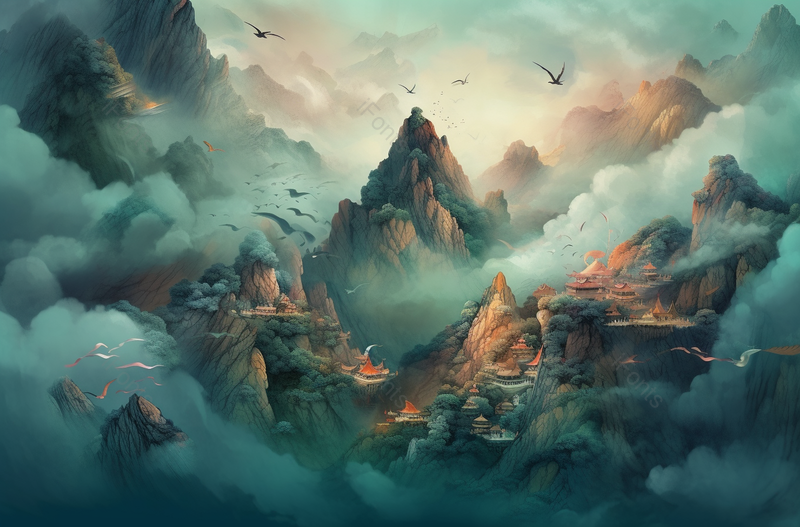 中国古风青绿山水画一群飞鸟飞过云雾缭绕的山峰和绿木,插画/手绘图,插画/手绘图库,插画/手绘图下载,插画/手绘